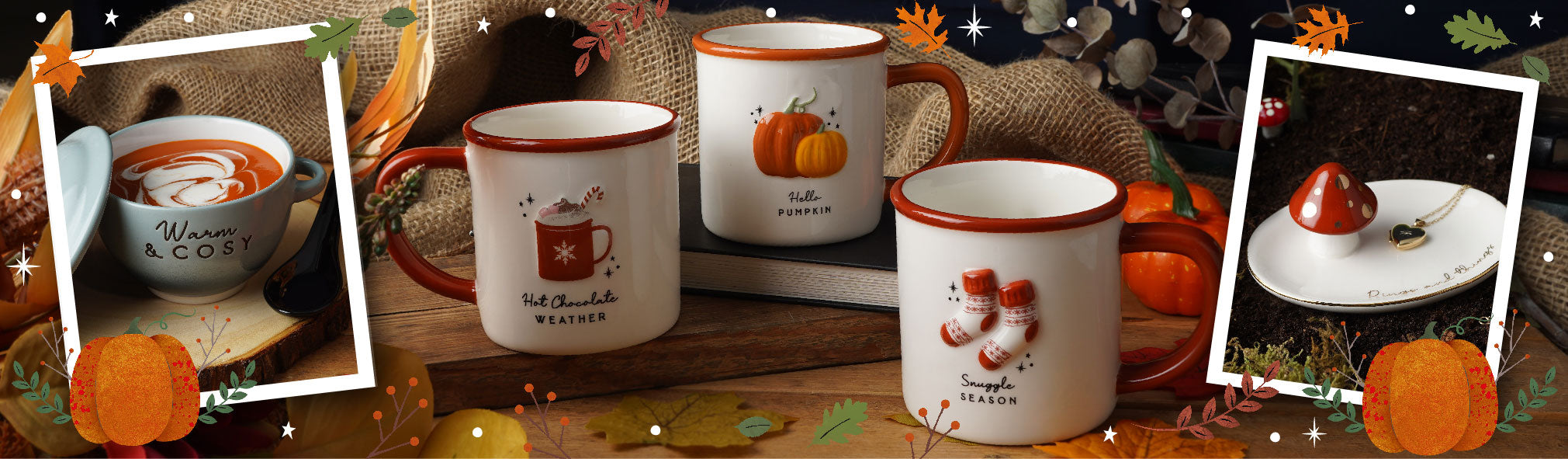 Autumn collection home decor, candles, mugs and decorative pumpkins