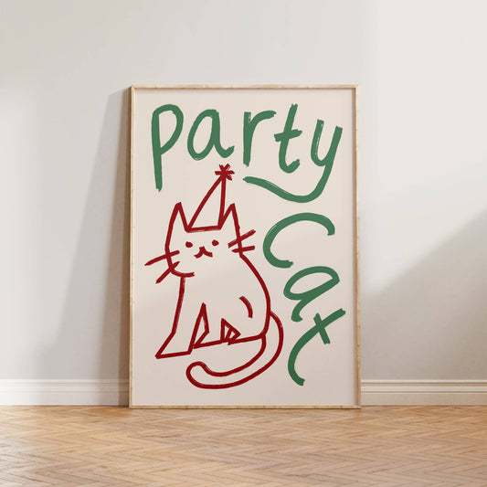 Party Cat Doodle Print: Green & Red / Unframed / A3