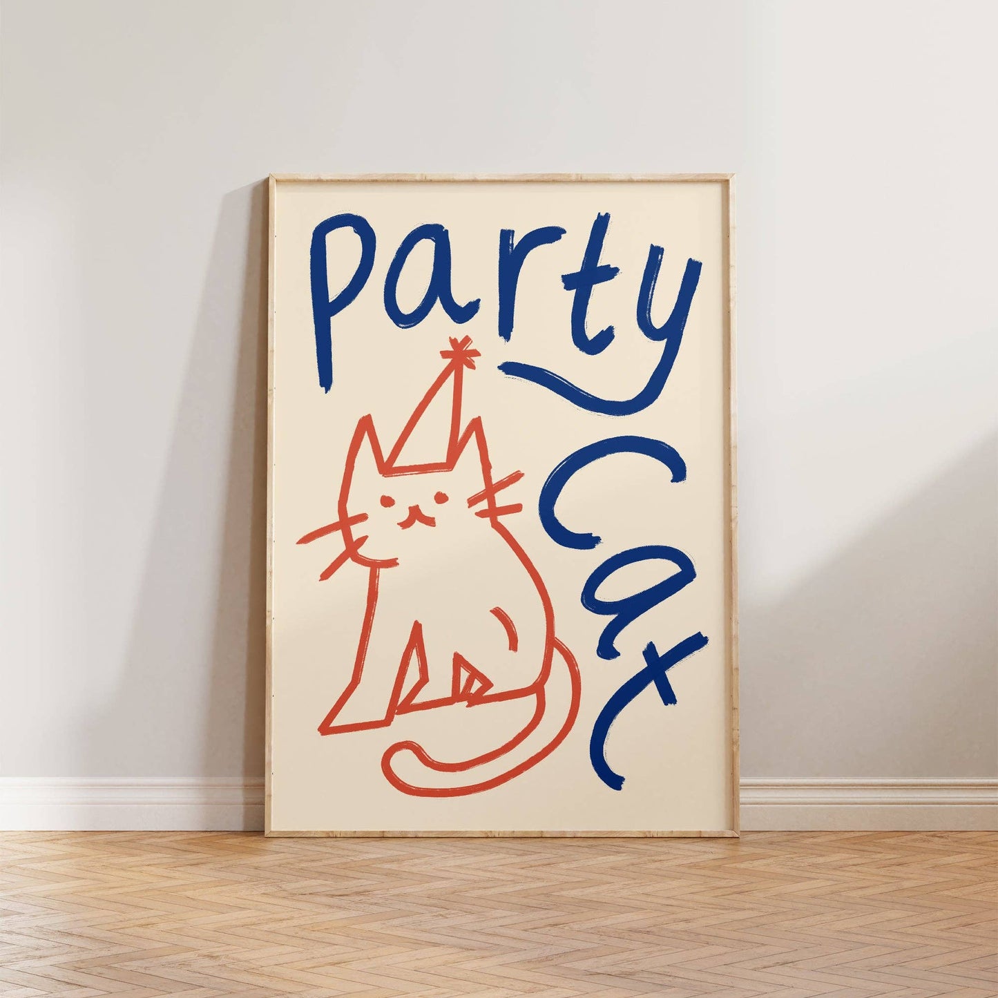 Party Cat Doodle Print: Green & Red / Unframed / A3