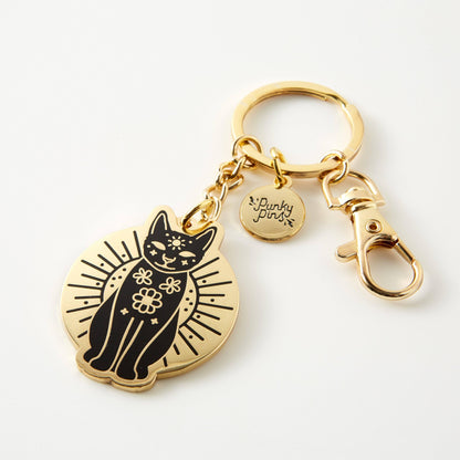Gold And Black Mystic Cat Hard Enamel Keyring