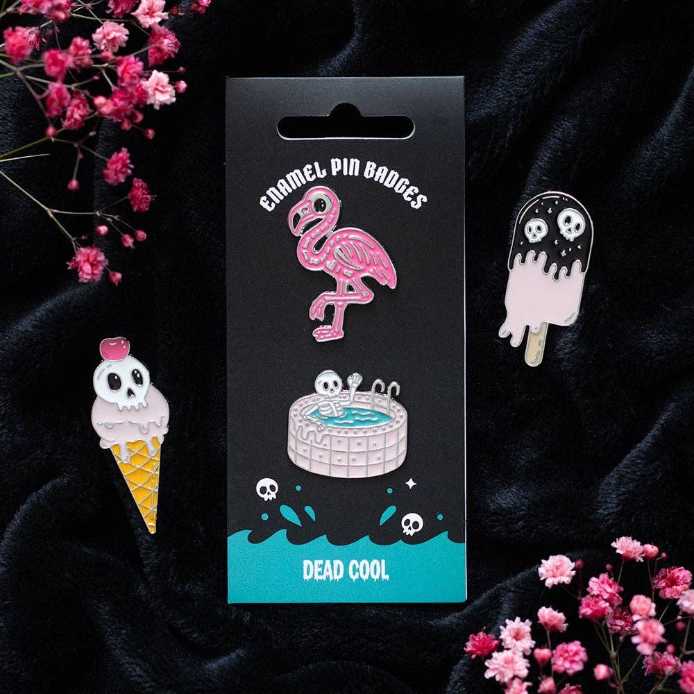 Dead Cool Summer Skeleton and Flamingo Enamel Pin Badges