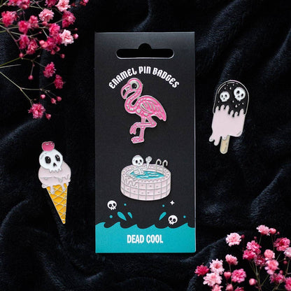 Dead Cool Summer Skeleton and Flamingo Enamel Pin Badges