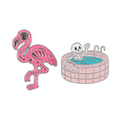 Dead Cool Summer Skeleton and Flamingo Enamel Pin Badges