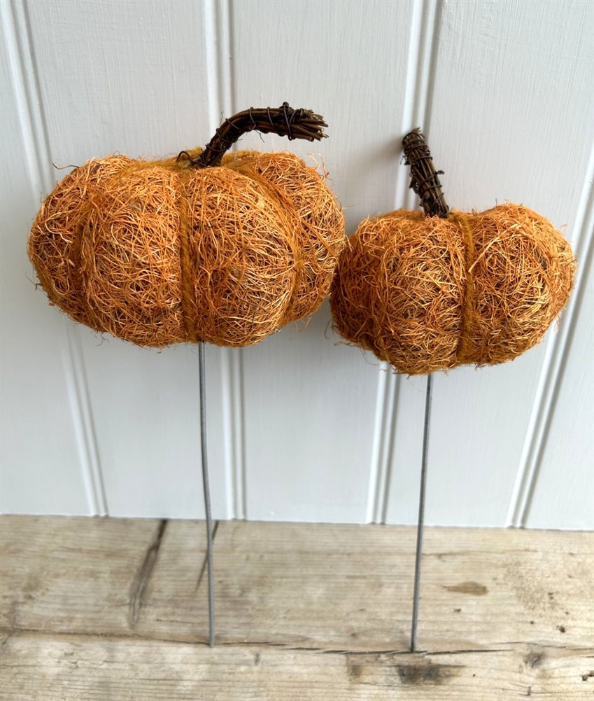 Large Decorative Rattan Pumpkin on Metal Spike