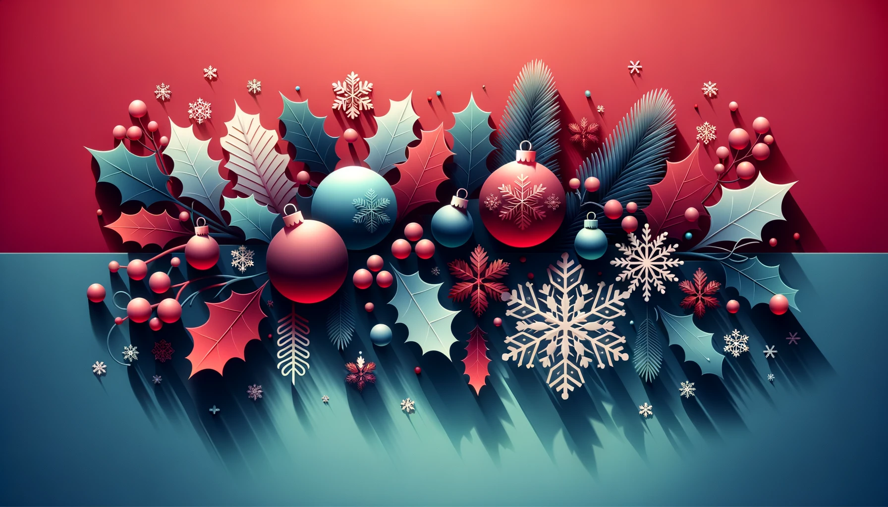Wide Christmas banner featuring a gradient background transitioning from Holly Berry Blue to Festive Red. Incorporate festive elements like snowflakes, holly leaves, and ornaments while ensuring a cohesive look with the colour scheme. Shadows and depth are emphasised to add dimension to the elements.