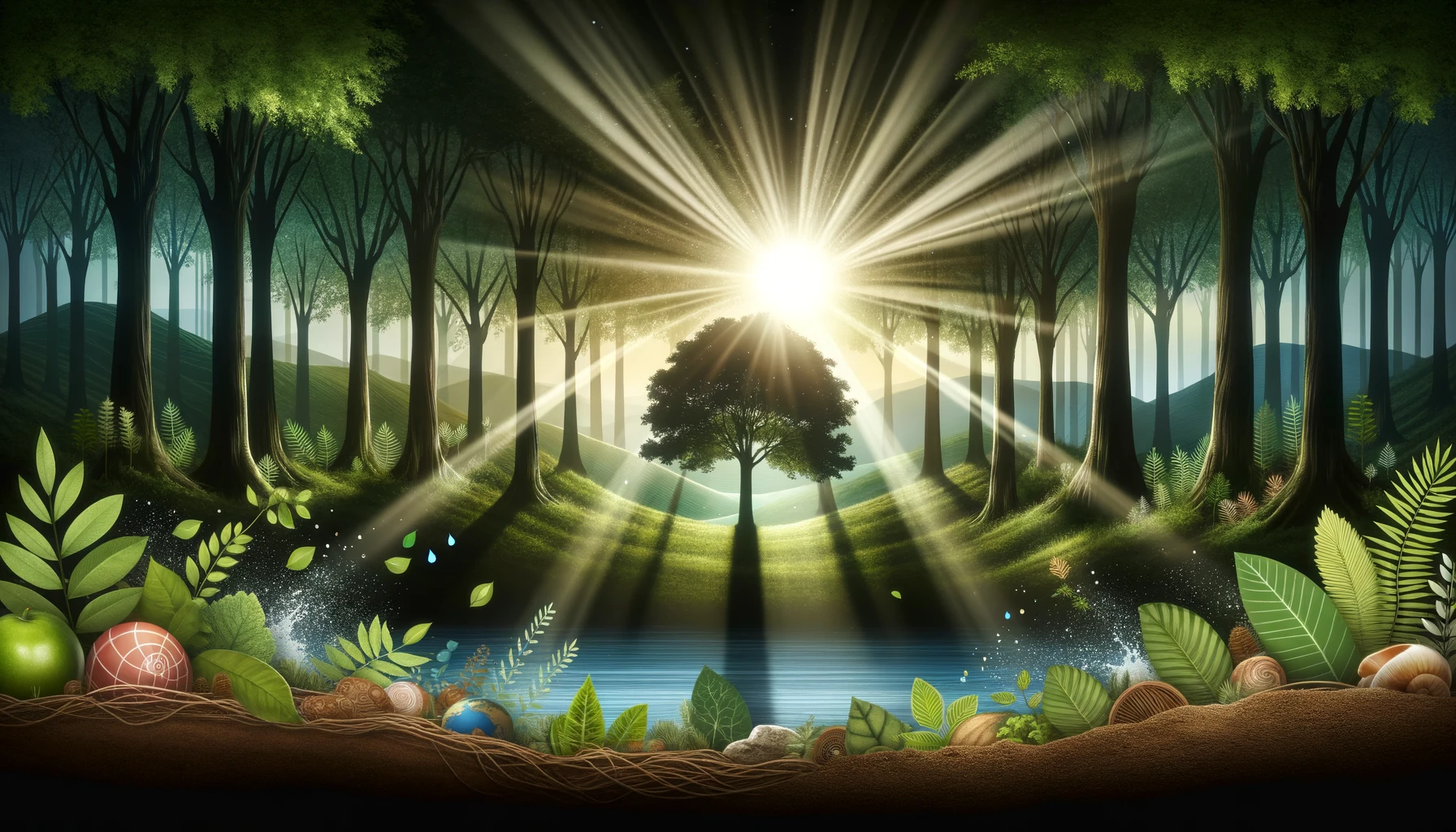 Wide background banner image showcasing a serene and lush forest landscape. The sun breaks through the canopy, casting rays of light that symbolize hope and positive change. Interspersed among the trees are subtle visual elements like leaves, earth, and water droplets, representing the holistic approach to saving the environment. The overall ambiance of the banner exudes commitment to sustainability, carbon negativity, and the initiative of planting a tree for every order.
