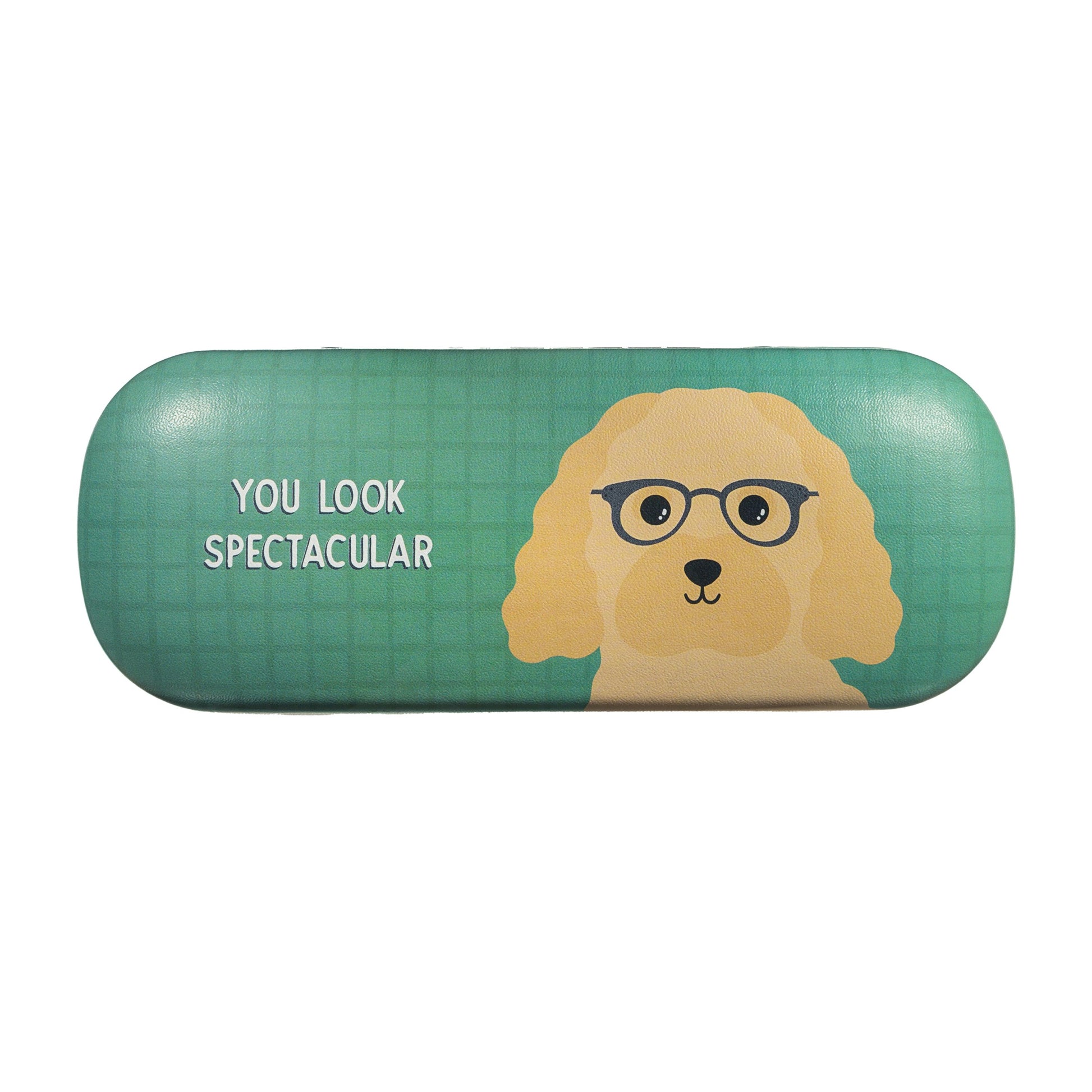 Keep your glasses safe and stylish with our Turquoise Blue Cockapoo Glasses Case! This fun and functional case features a playful cockapoo character and the quote "you look spectacular" in bold letters. The soft interior and included cleaning cloth will keep your glasses scratch-free and smudge-free, while the bright turquoise blue colour will make it easy to spot in your bag.