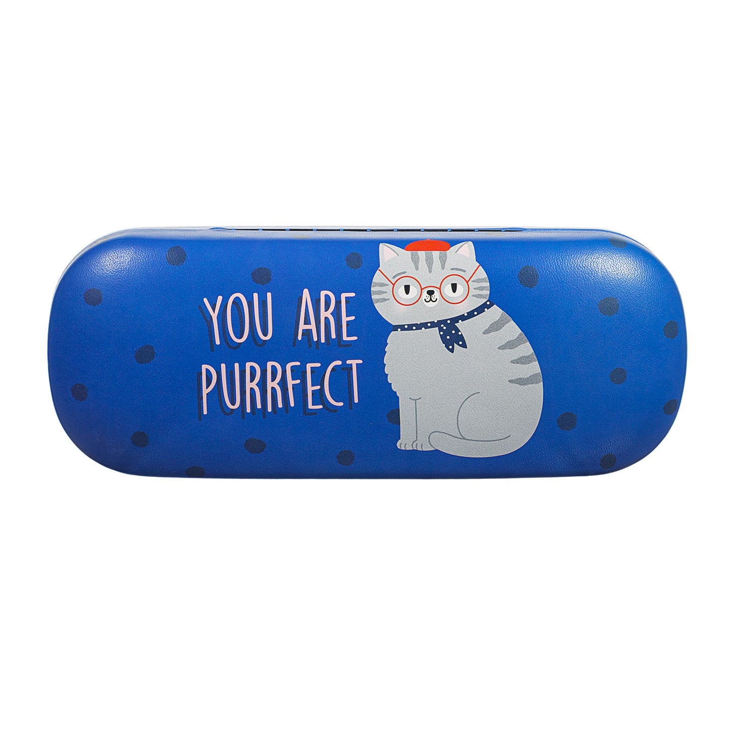 Purrfection awaits with our Vibrant Blue and Grey Cat Glasses Case! Show off your love for our feline friends with this adorable case, complete with a cat character and the quote "you are purrfect". The soft interior and included cleaning cloth will keep your glasses protected, while the blue and grey colourway adds a touch of vibrancy to your accessories collection.