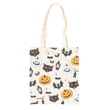 Spooky Cat And Pumpkin Print Tote Bag