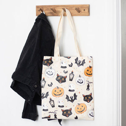 Spooky Cat And Pumpkin Print Tote Bag