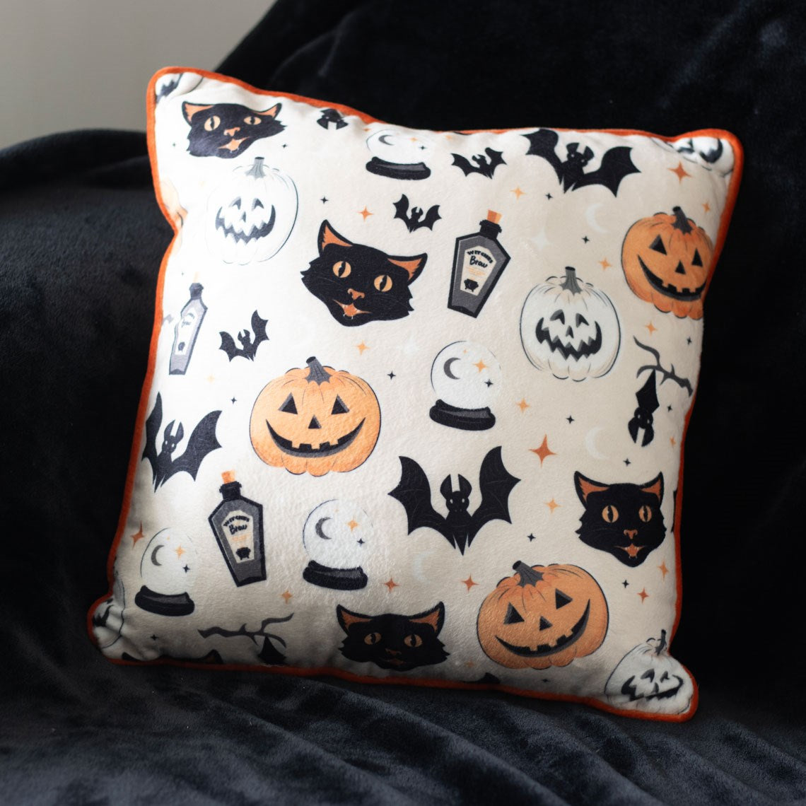 Spooky Cat And Pumpkin Print Cushion