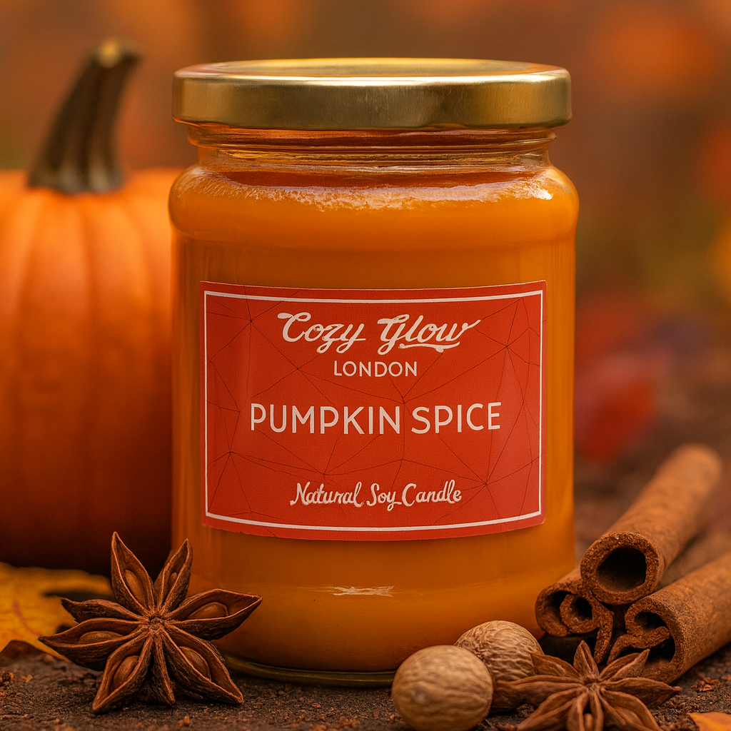 Jar of pumpkin spice candle with a blurred autumn background