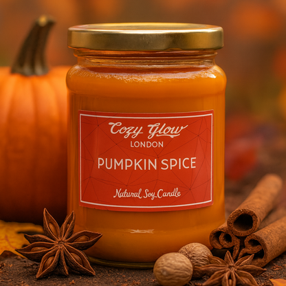 Jar of pumpkin spice candle with a blurred autumn background