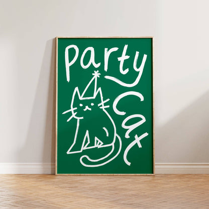 Party Cat Doodle Print: Green & Red / Unframed / A3