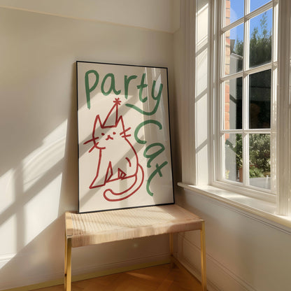 Party Cat Doodle Print: Green & Red / Unframed / A3