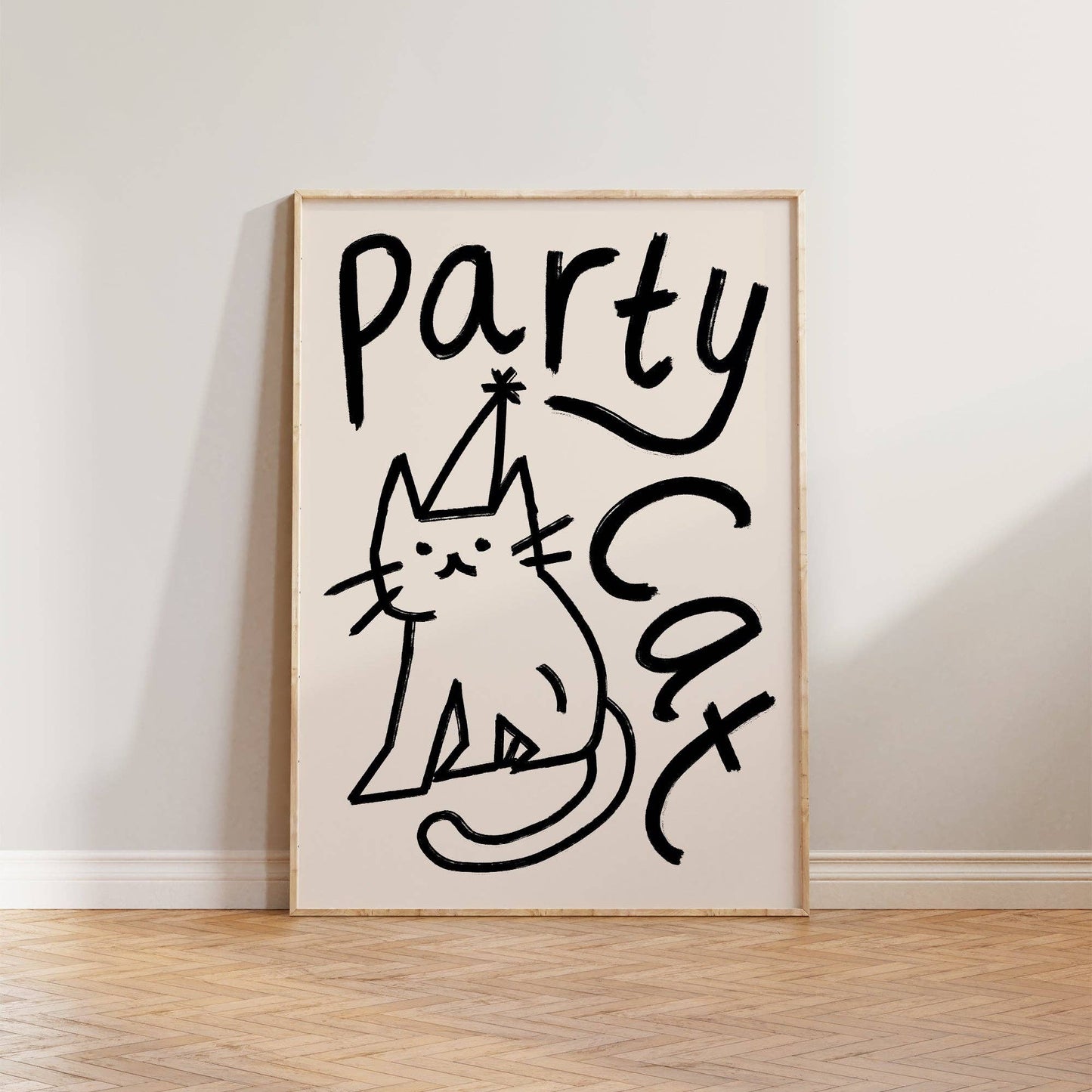 Party Cat Doodle Print: Green & Red / Unframed / A3