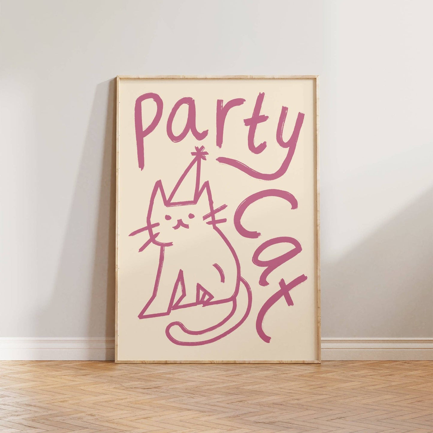 Party Cat Doodle Print: Green & Red / Unframed / A3