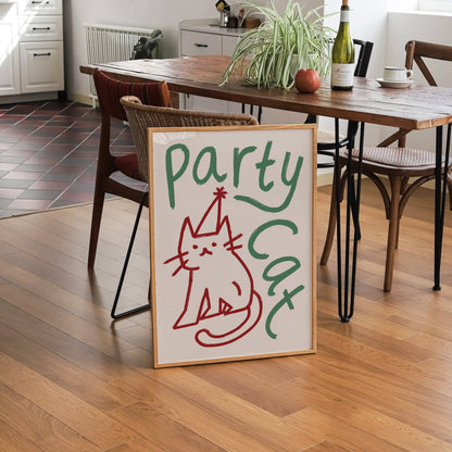 Party Cat Doodle Print: Green & Red / Unframed / A3