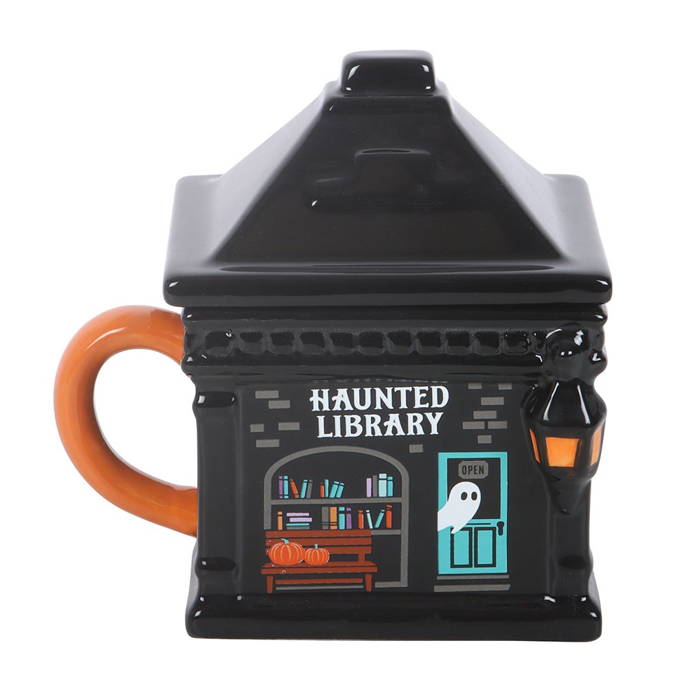 Spooky Street Shop Lidded Mugs | Apothecary & Haunted Library