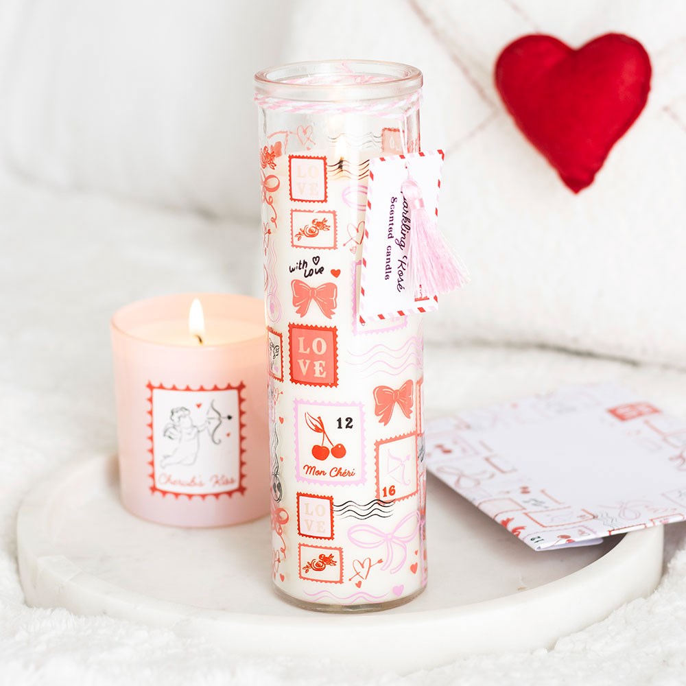 Valentine Postage Stamp Print Sparkling Rose Tube Candle
