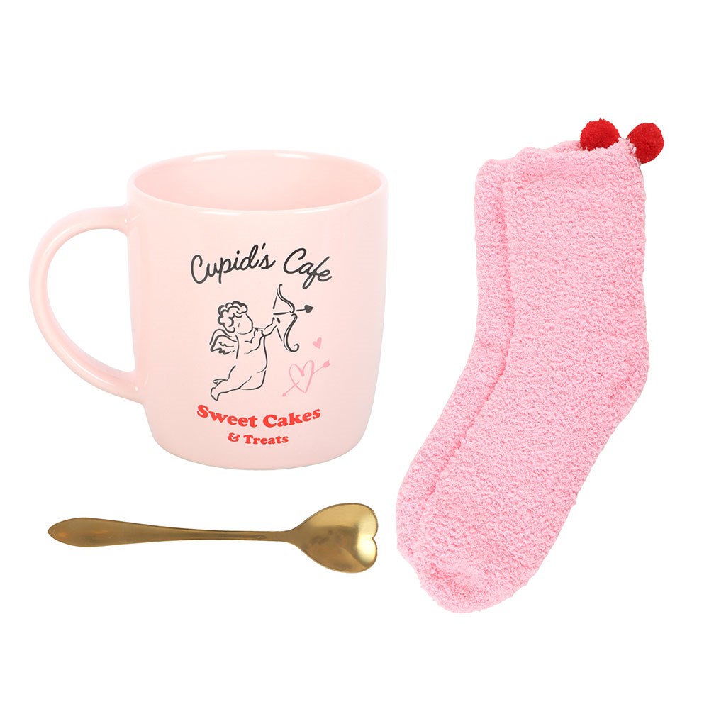 Cupid's Cafe Mug, Spoon And Socks Set