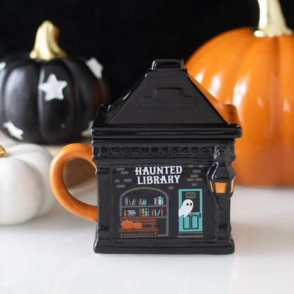 Spooky Street Shop Lidded Mugs | Apothecary & Haunted Library