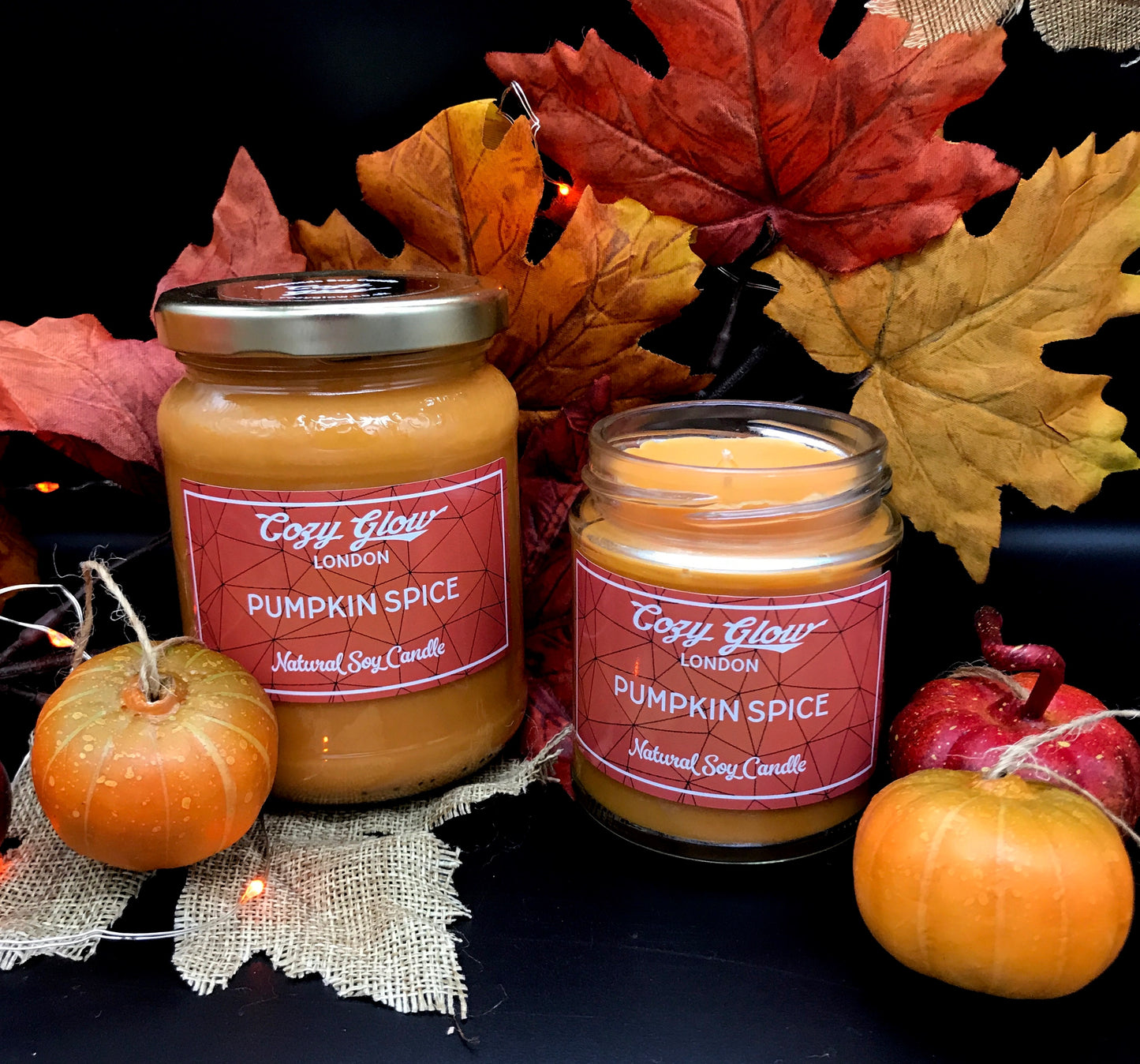 Our best seller pumpkin spice candle shown in our regular jar and large jars, both 100% recyclable 
