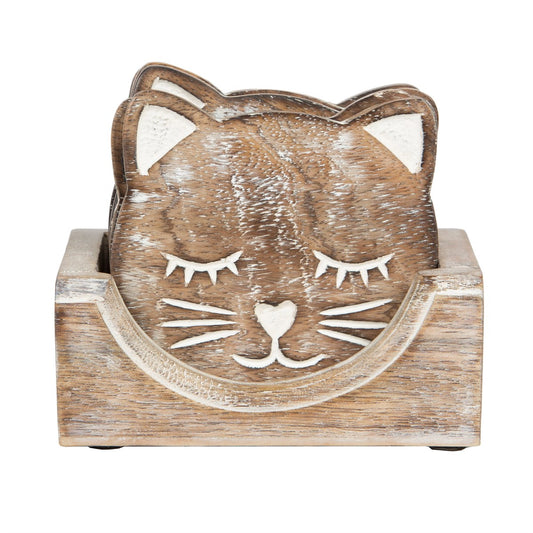 Wooden Brown Carved Cat Coaster - Set Of 6