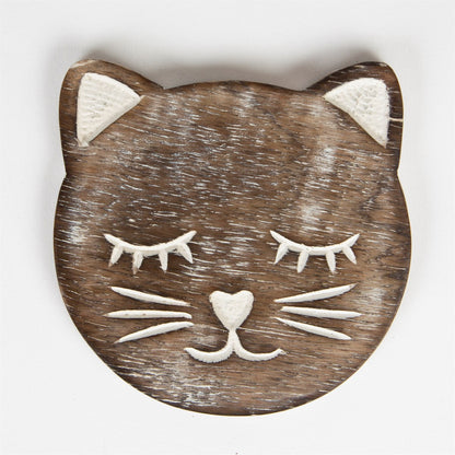 Wooden Brown Carved Cat Coaster - Set Of 6