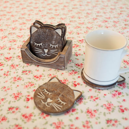 Wooden Brown Carved Cat Coaster - Set Of 6