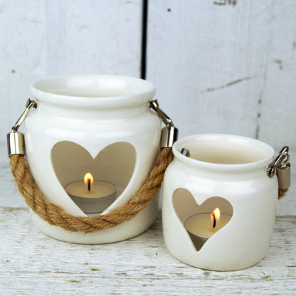 White Porcelain Tea Light Holders with Rope Handles